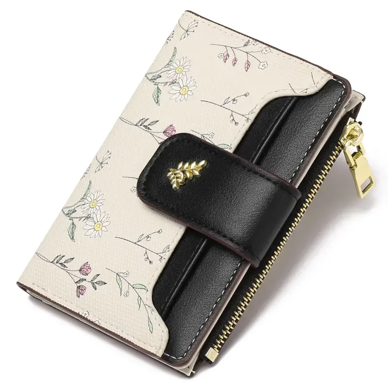 VTLASK Women's RFID Blocking Soft PU Leather Floral Print Long Wallet - Clutch-Shape Large Card Holder with Zip Coin Pocket, Zipper Lock, Casual Accessory, Wallets for Women, Polyurethane, Anti-Theft, Snap Button