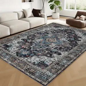 EXCLUSIVE Vintage Inspired Ultra Soft Washable Rug - Foldable, Anti-Slip, Retro Abstract Design, Easy to Clean, Perfect for Living Room and Bedroom - Bohemian Style, Machine Washable, Anti-Fouling, and Stain Resistant Carpet