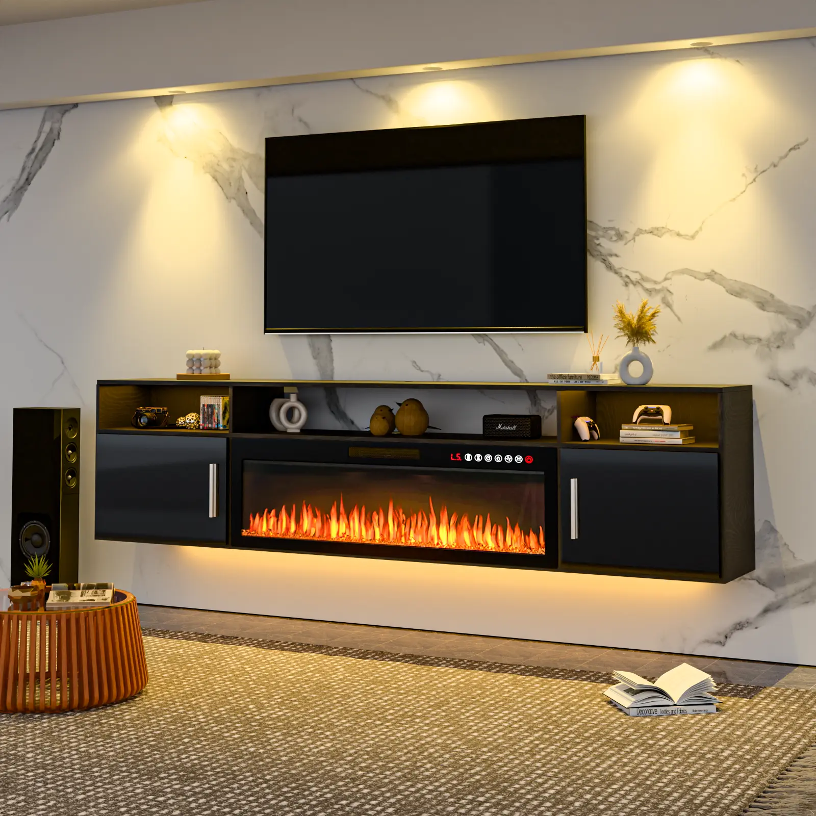 PUKAMI 70-in Floating Fireplace TV Stand - Wooden Multifunctional TV Console Table, Wall-Mounted LED Light Entertainment Center with Highlight Cabinet for Living Room, Wooden Tv Stand