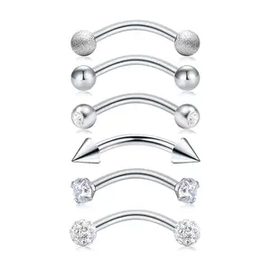 D.bella 6PCs Stainless Steel Rook Daith Earrings Belly Lip Ring Eyebrow Studs Cartilage Tragus Cubic Zirconia Barbell Body Piercing 8mm (5/16")