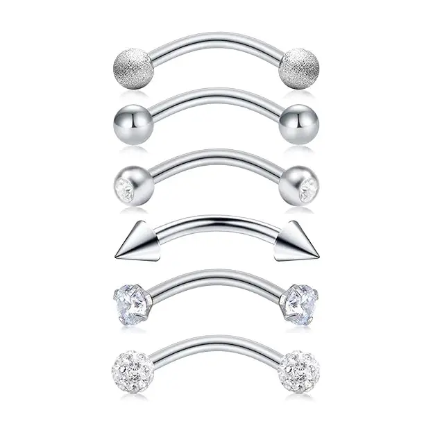 D.bella 6PCs Stainless Steel Rook Daith Earrings Belly Lip Ring Eyebrow Studs Cartilage Tragus Cubic Zirconia Barbell Body Piercing 8mm (5/16")