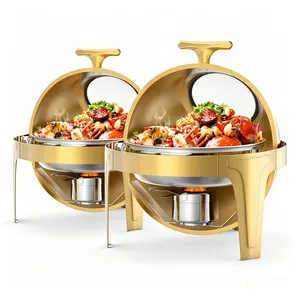 Roll Top Chafing Dish Buffet Set, 6.3 Qt Round Stainless Steel Food Warmer with Glass Window, Full Size Food Pan, Gold 2pcs Perfect for Buffet, Catering, Parties and Banquet