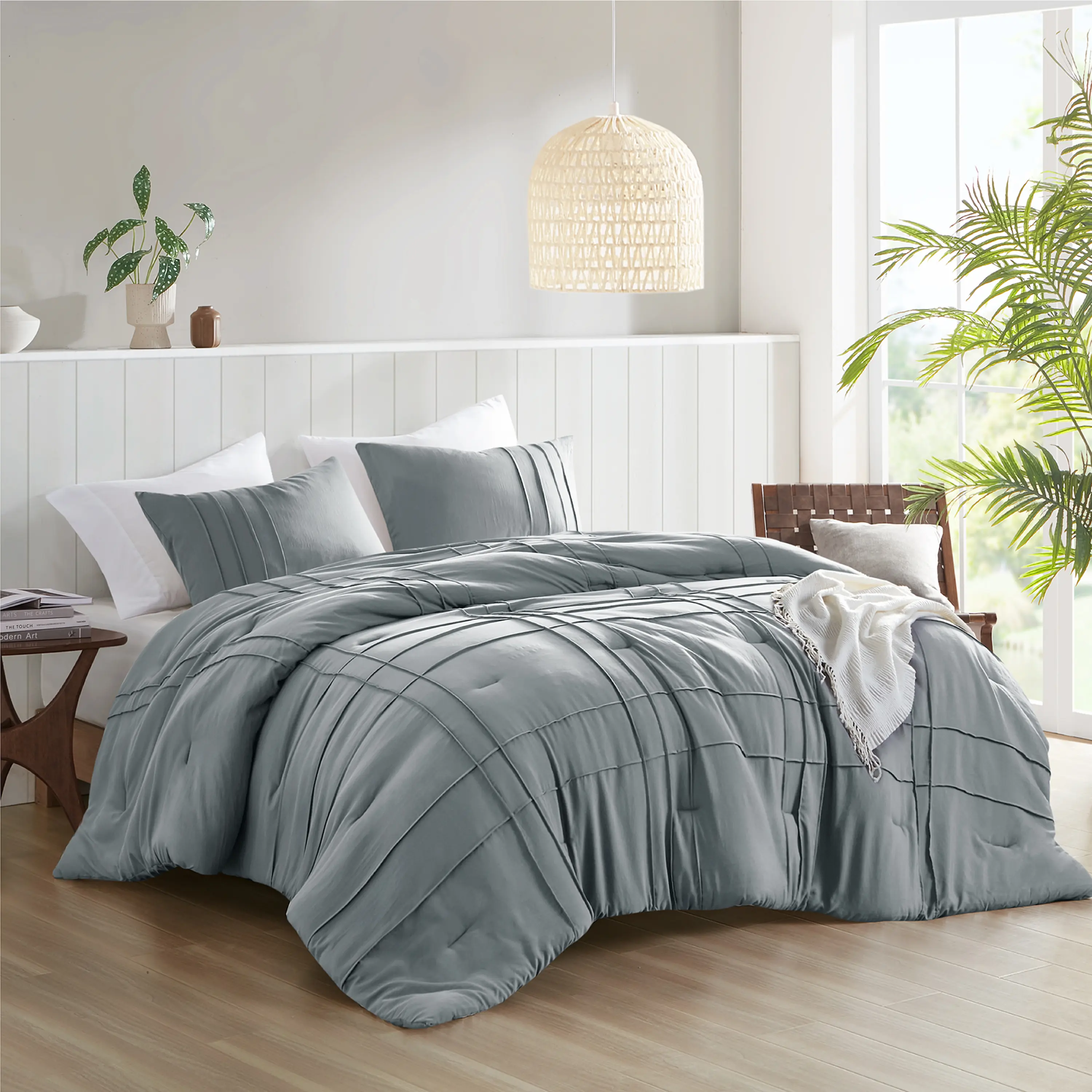 Main Street Pleated Grid Pattern Bedding Set - Oeko-Tex Certified Durable Microfibre, Plain Home Decor, Includes 1 Comforter, 2 Shams, Ultra-Soft, Cloud-Like, Machine Washable Bedroom Linens