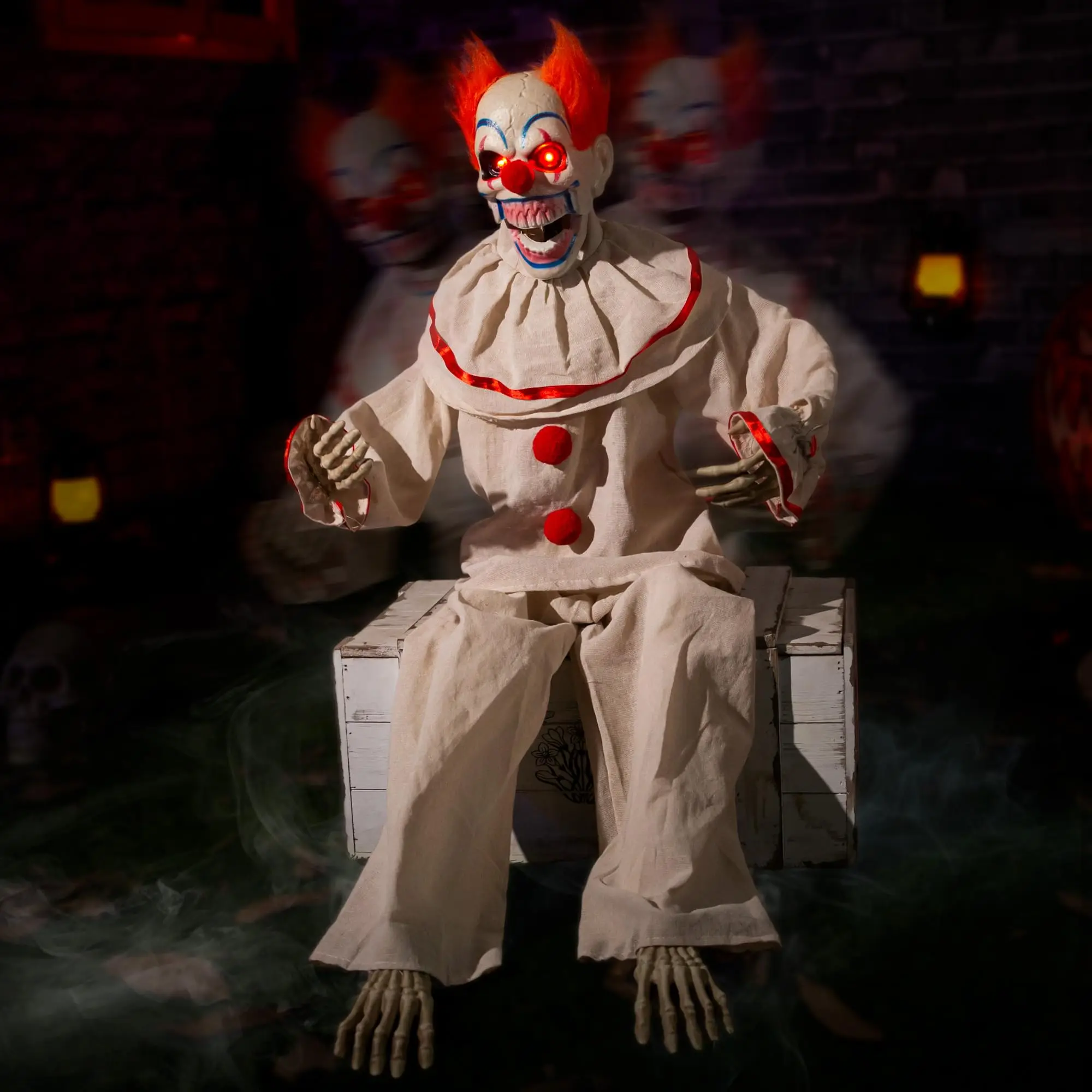 45 Inch Halloween Animated Sitting Clown with Sound and Touch Activated Motion, Light Up LED Eyes, Moving Mouth, Indoor Outdoor Haunted House Party Decoration