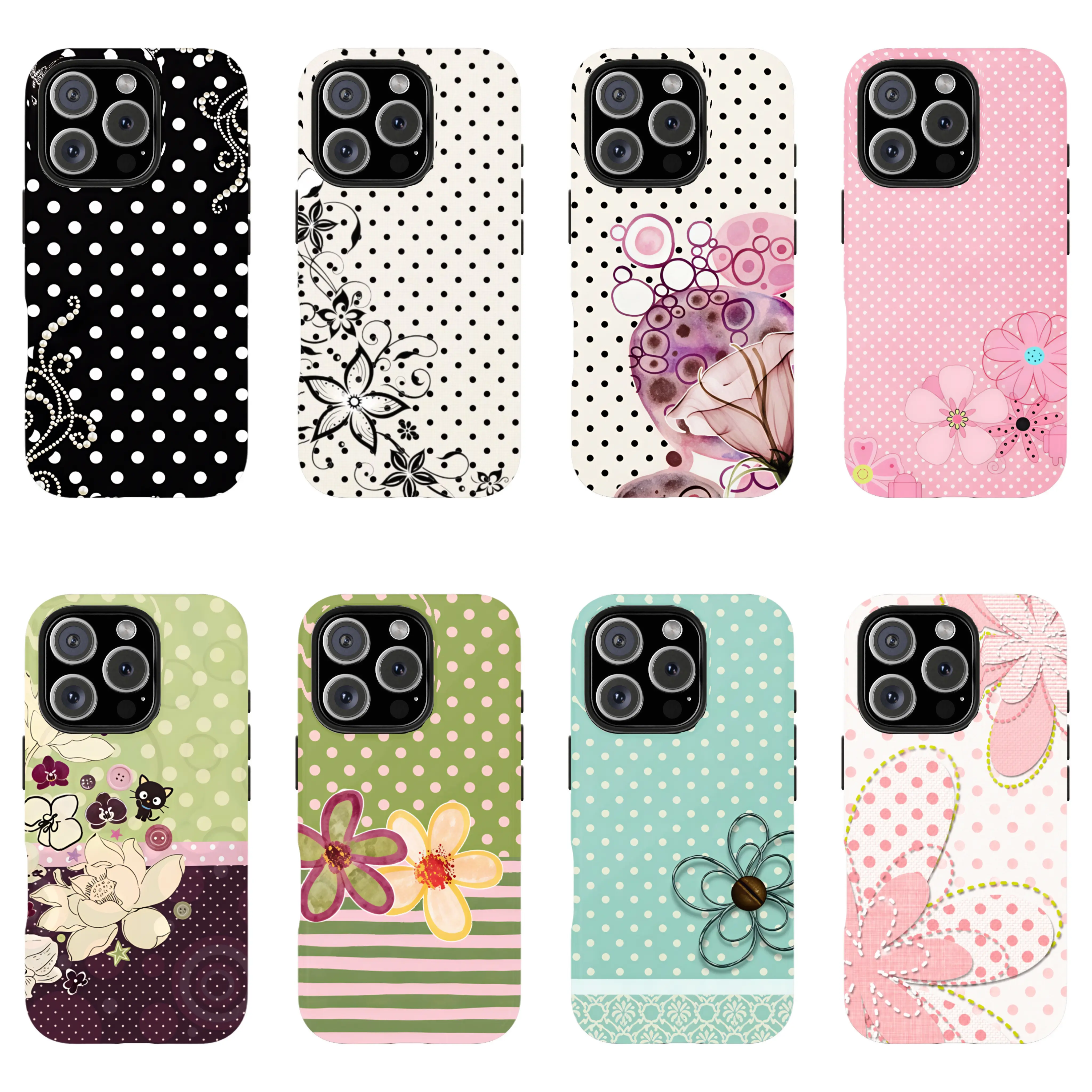 Polka dot phone case, cute Y2K art style, kawaii floral pattern, compatible with iPhone 17/16/15/14/13/12/11 Pro Max/Plus