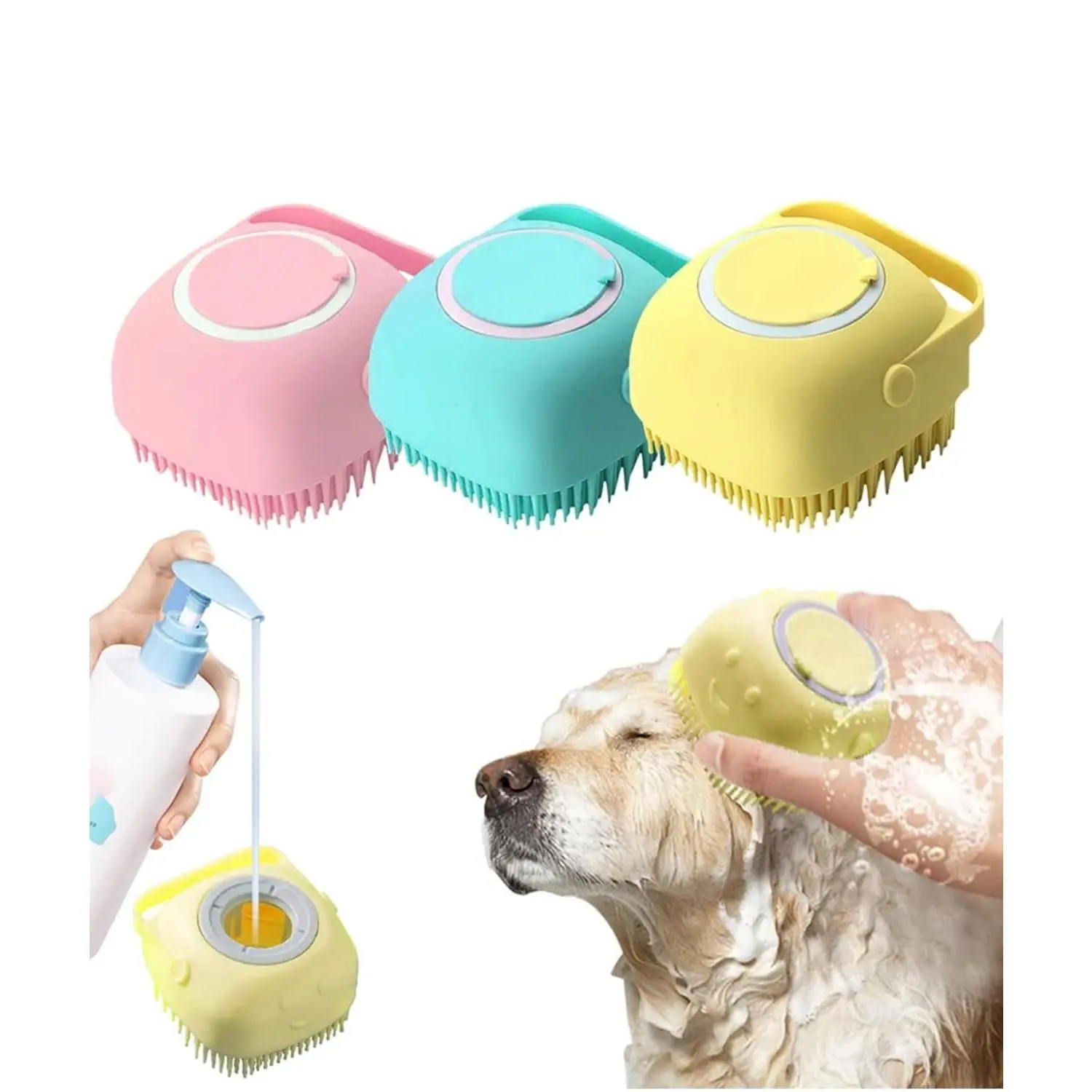 Pet Bath Brush, Silicone Massage Brush with Shampoo Dispenser, Ideal Bath Accessories for Dogs & Cats silicone bristle soft durable cleaning detachable head Shampoo Massage Brush