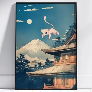Mew Poké Poster, Japanese Tapestry Style, Mount Fuji Japan, Printable Bedroom Wall Art