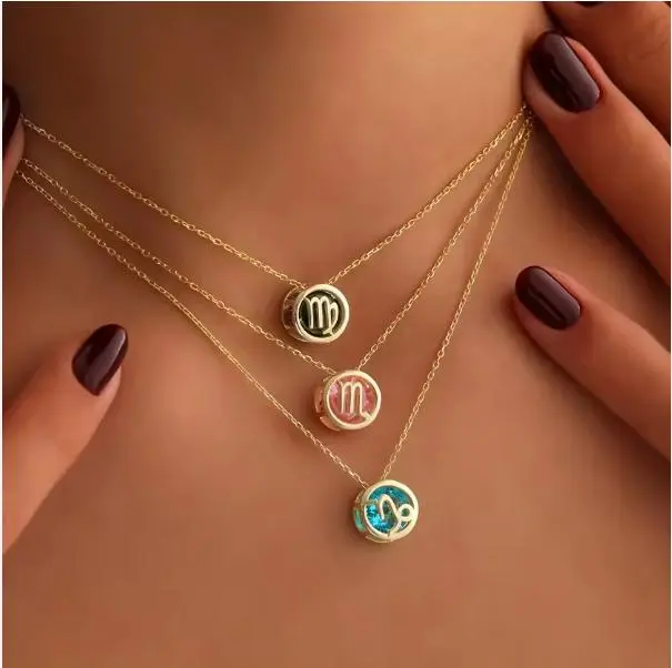 EXTRAS Crystal Birth Necklace - 18K Gold-Plated Stainless Steel Chain with Premium Sparkling Crystal Gemstones & Double-Sided Zodiac Design - 18 Inches Length - Velvet Pouch Included