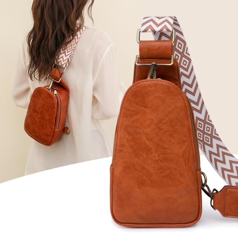 Women Chest Bag Sling Bag, Guitar Strap Small Crossbody PU Leather Satchel Daypack