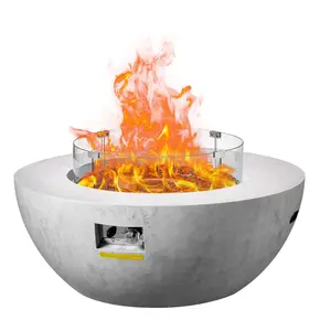 VEVOR Propane Fire Pit, Outdoor Concrete Gas Fire Pit, 39 in Tabletop with Lava Rocks, Lid,Rain Cover,Adjust Flame Height Camping Firepit for Heating, Lighting, 50000 BTU