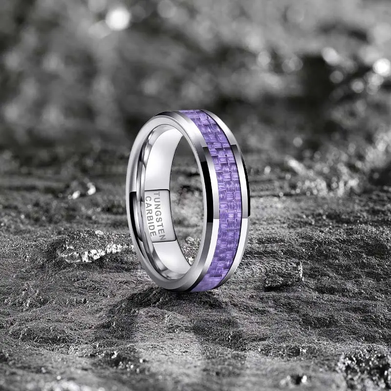 Men's Purple Carbon Fiber Inlay Tungsten Carbide Ring 8mm - Yonifu Scratch Proof Comfort Fit Durable Black Wedding Band Gift for Him