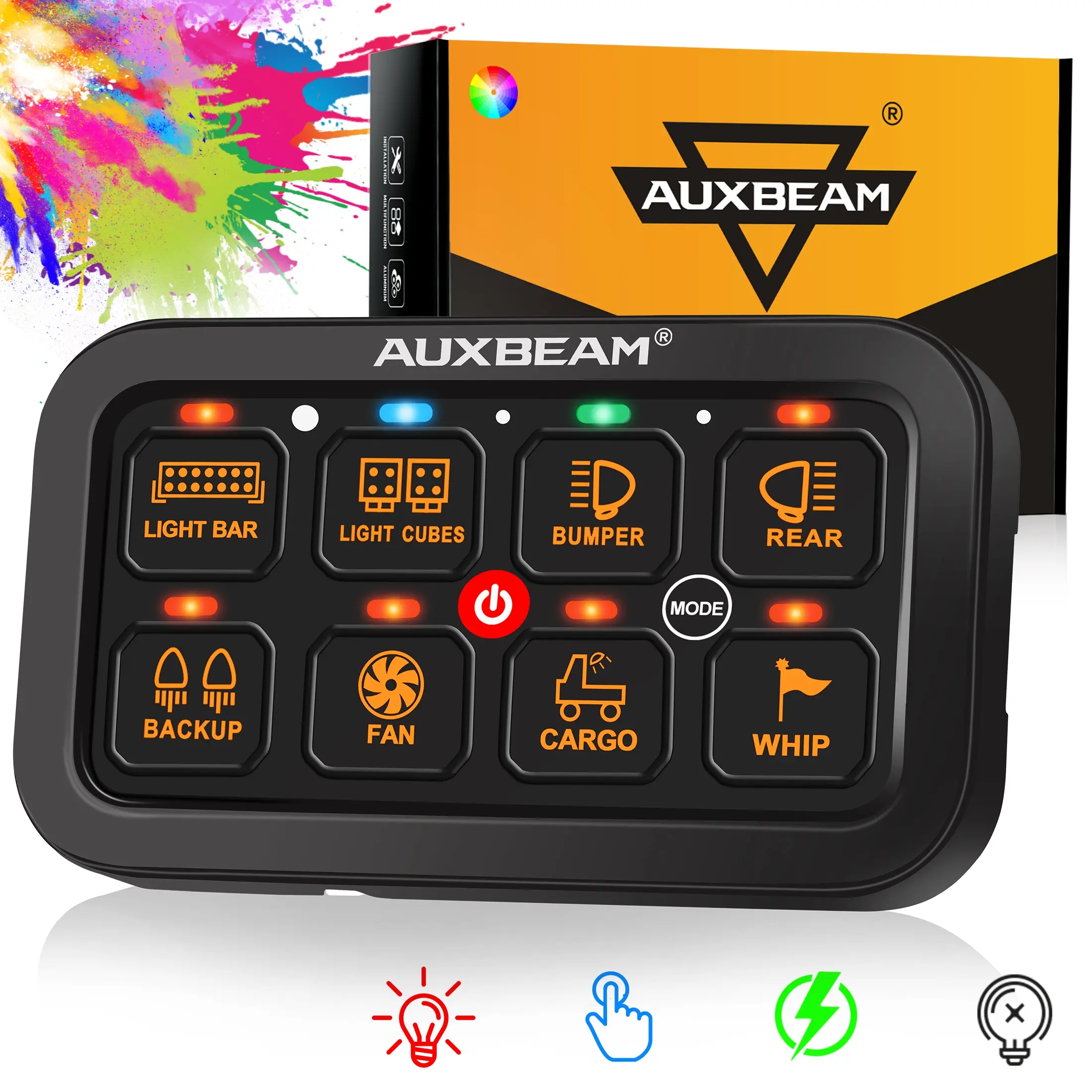 AUXBEAM 8 Gang RGB Multifunction Car Switch Panel - Toggle/Pulse/Momentary 3 Modes, Dimmable RGB Light, Manual Backlight Off, IP65 Rated Waterproof Cover, Full Wiring Harness, Mount Brackets, Great for LED Lighting, Jeep UTV Offroad Interior Mod Parts, Le