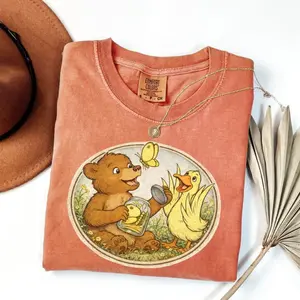 Personalized Little Bear & Duck Shirt, Comfort Colors Vintage Woodland Animals Tee, Cute Bear Duck Friendship T-Shirt, Cottagecore Gift