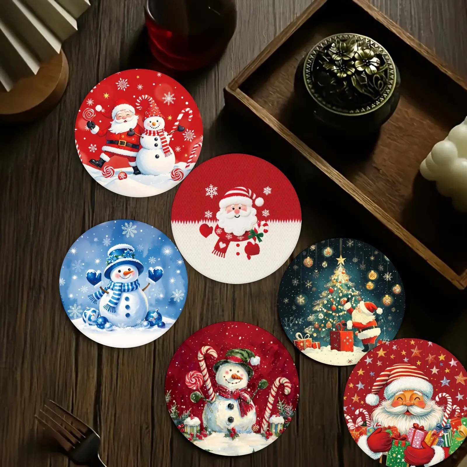 Festive Round Wood Coasters, Assorted Santa Snowman Circular Cup Coasters, Easy To Clean Heatproof Round Mats, Perfect Holiday Table Accessories, Ideal Christmas Present, Family Party Table Supplies