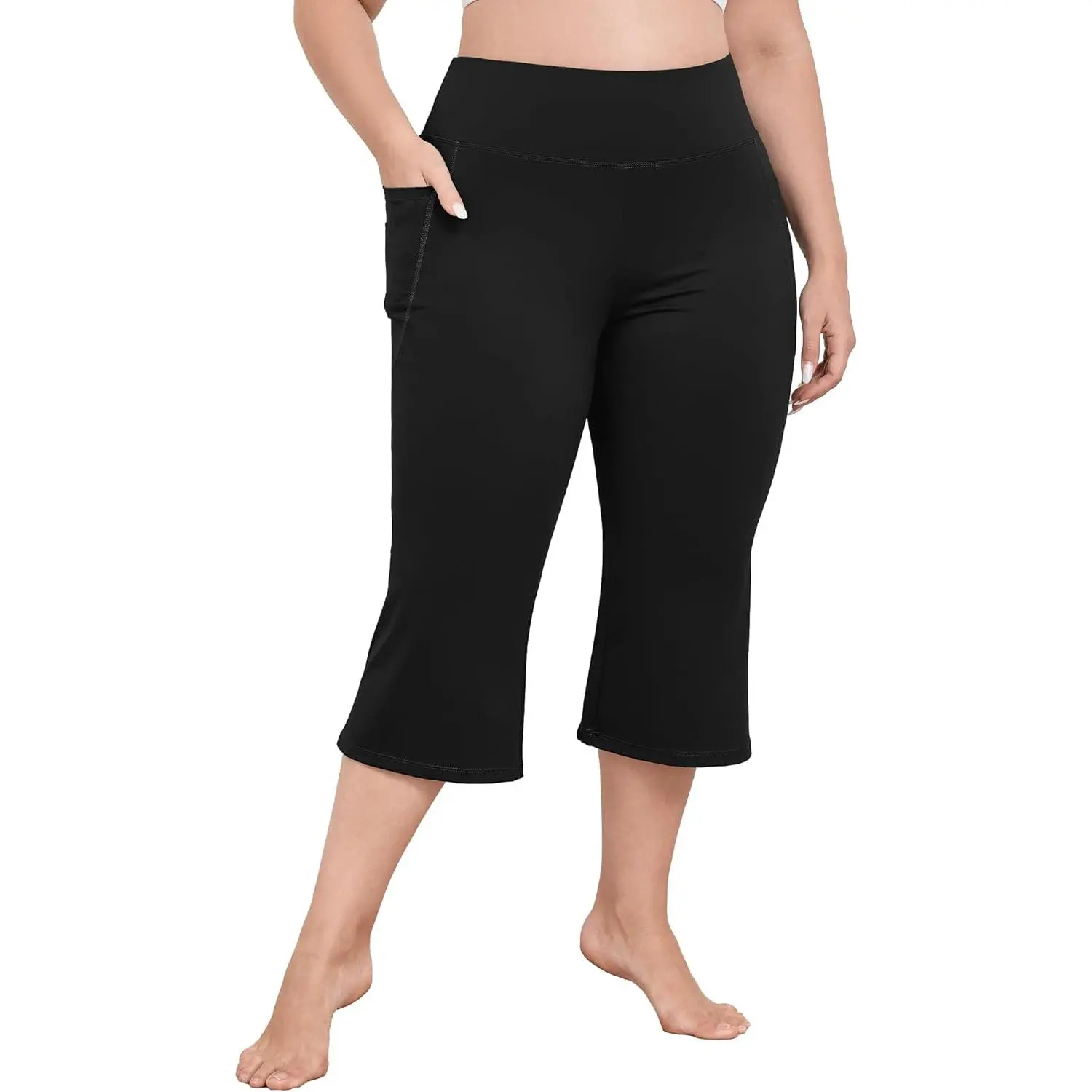 FOREYOND Women's Plus Size Full Stretch Flared Leggings Pants - Polyester Blend Capri Curvy Pants with Side Pockets, Flat Waistband, Tummy Control for Workout, All Seasons, Female, Workout Clothes Women, Leggings Tummy Control, Capri Length, Chic Curve Pa