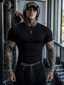 New Men's Fitness Short Sleeve Muscle Sports Tight Fit T-Shirt, Printed Elastic Quick Dry T-Shirt, Outdoor Gym Wear