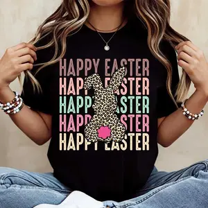 Happy Easter Bunny Leopard Print Text Tshirt Black Crew Neck Casual Tee For Easter Celebration