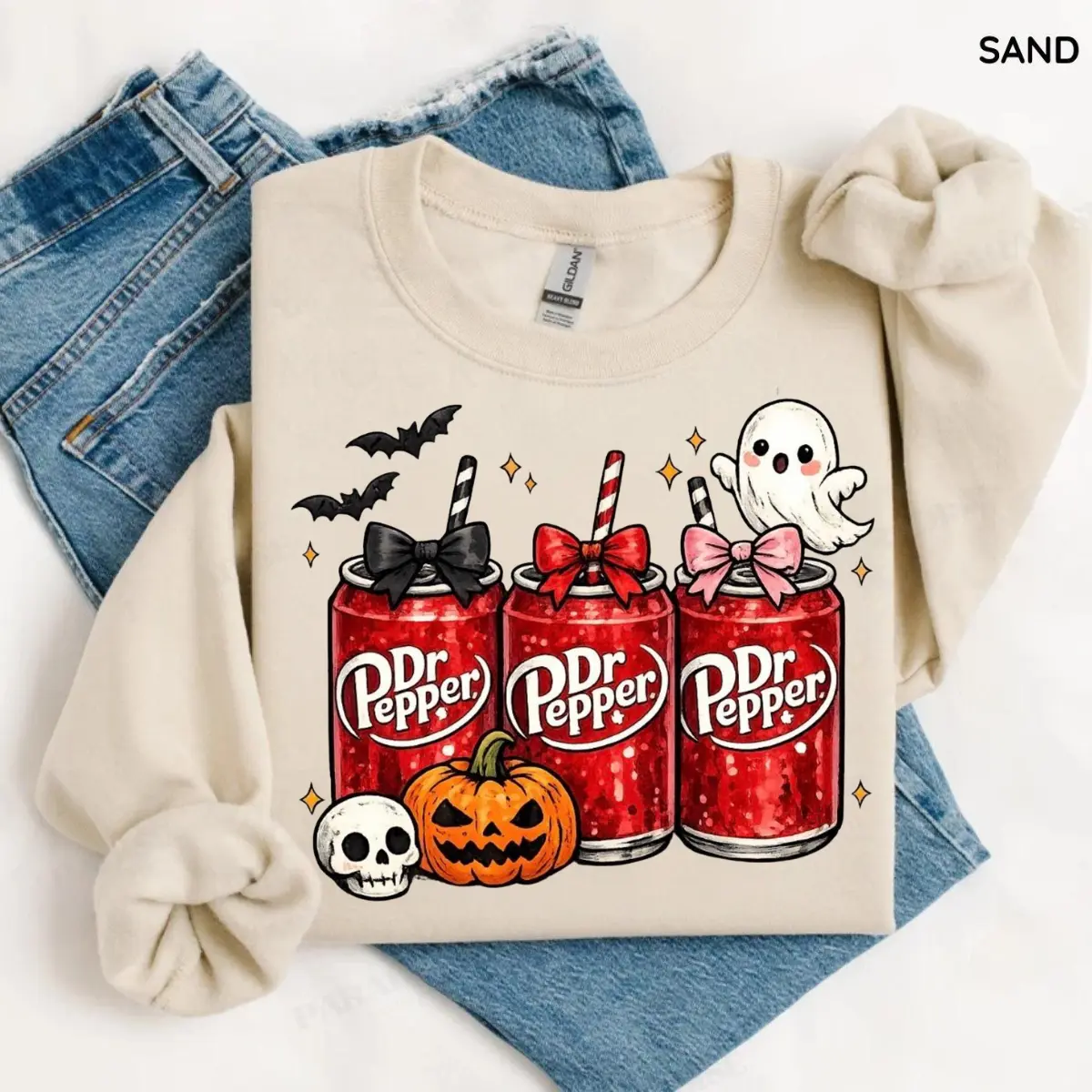 Gildan Spooky Soda Halloween Sweatshirt, Ghost Pumpkin Soft Drink Graphic Crewneck, Retro Spooky Season Fall Pullover