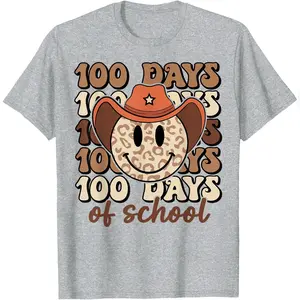 100 Days Of School Retro Cowboy Smile Face Techer Girls T-Shirt Comfy Everyday T-Shirt