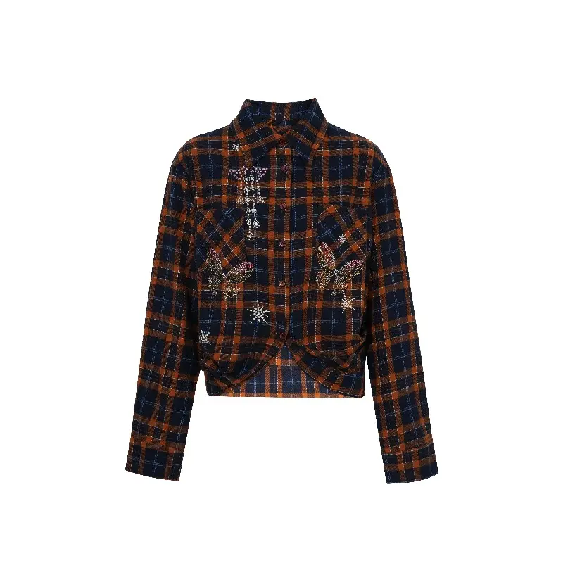 TCH - Hot Diamond | Fashion | Retro | Short Long Sleeve Blue Grid Shirt | Top | Coat | Women