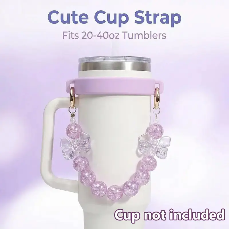 Cute Girl Beaded Design Cup Handle Strap for Stanley Tumblers, Mug Pink Glitter Pearl Wrist Lanyard for Owala Water Bottles, Silicone Grip Holder Fits 6-10cm Cup Mouth, Kawaii Drinkware Bottle Accessory Gift Ready, Drinkware Accessories