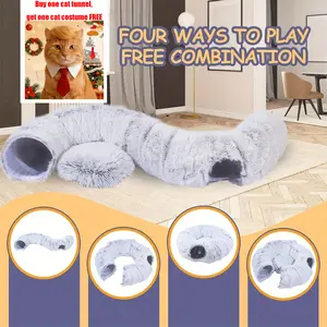 Four Seasons Universal Leisure Warm Cat Tunnel Bed,Soft Plush Collapsible Cat Tunnel Christmas Tree with Cushion for Kitten Puppy Rabbit Indoors Cool Cat Stuff, Four Ways to Play Free Combination Large Space