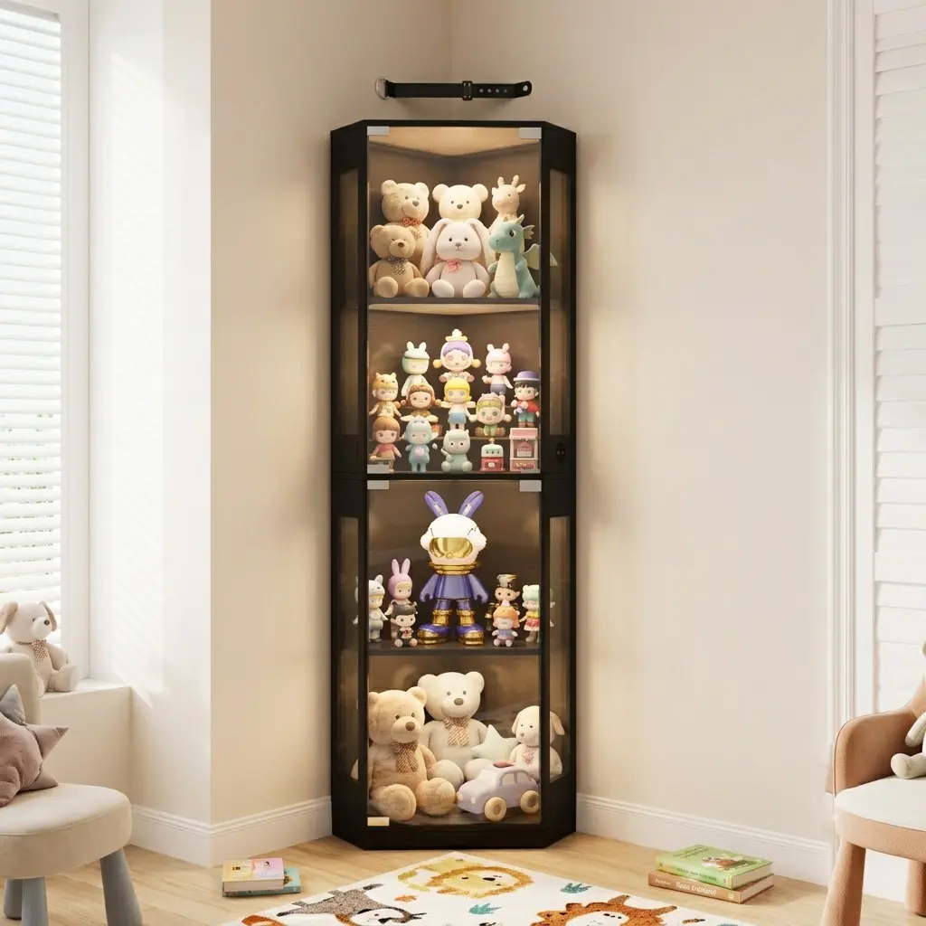 4-Tier 65" Corner Display Cabinet, Glass Display Case with Glass Doors, 3 Color LED Lights, Human Body Sensor & Adjustable Shelves, Black Storage Cabinet for Collectibles, Liquor and Game Room Liquor Cabinets Display Curio Cabinet