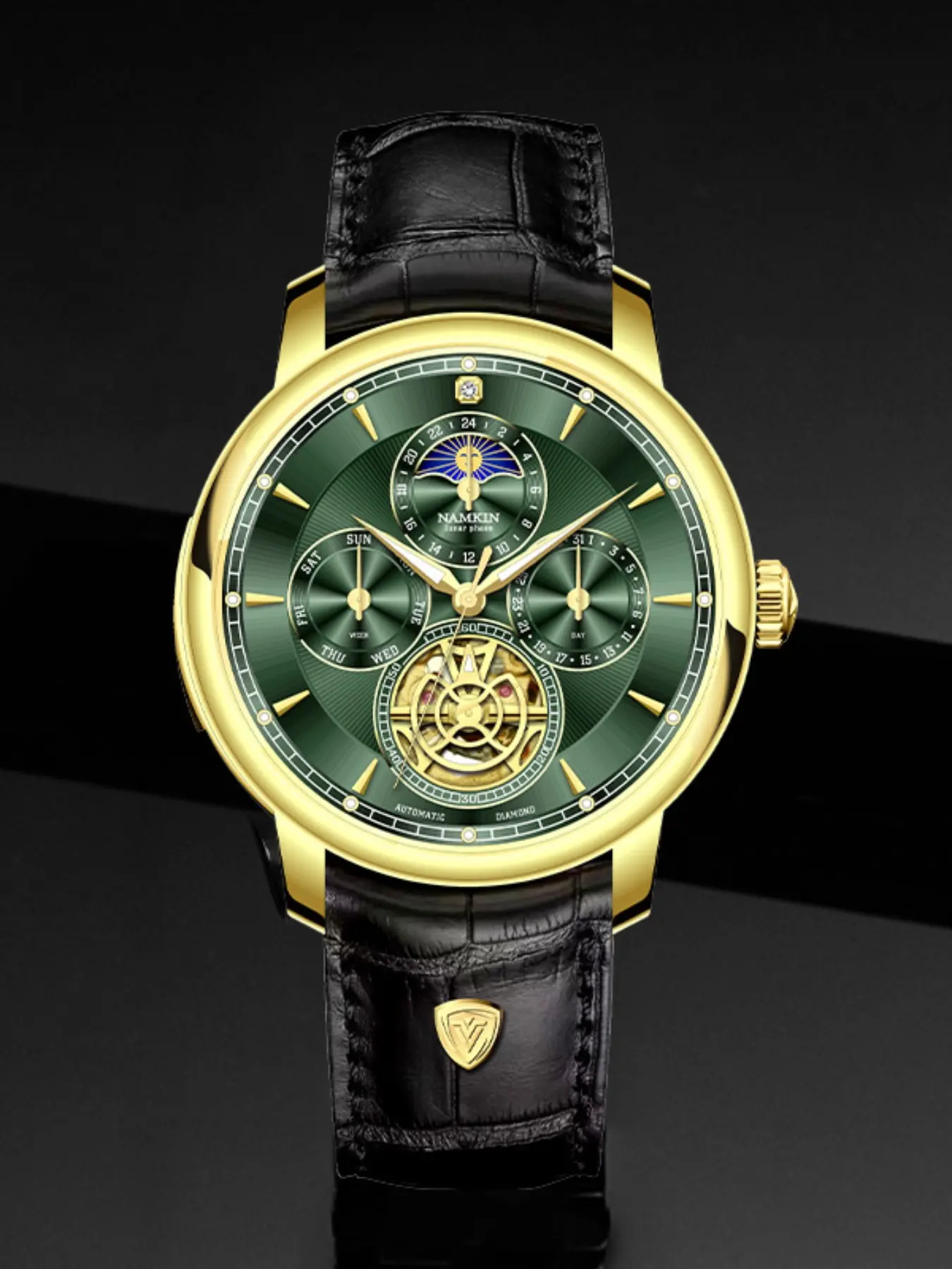 Namkin Men's Mechanical Watch, Luxury Vintage Style, Dial, Tourbillon, Moon Phase Display, Case, Leather Strap