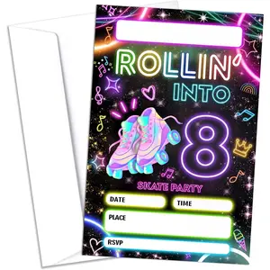 20 Pcs 4x6 Inch 8th Roller Skating Birthday Party Invitations with Envelopes, Roller Skate Theme Invites for Boys Girls Birthday Party Supplies
