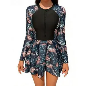 Women's Tropical Palm Leaf Print Long Sleeve Swim Dress Half Zip UPF 50+ Modest Swimwear Flowy Skirt Beach Cover Up Quick Dry Fabric