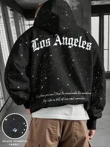 Men's Fleece Hoodie Sweatshirt, College Style Letter Print, Silver Color Sequins, Kangaroo Pocket, Casual Fall & Winter Wear