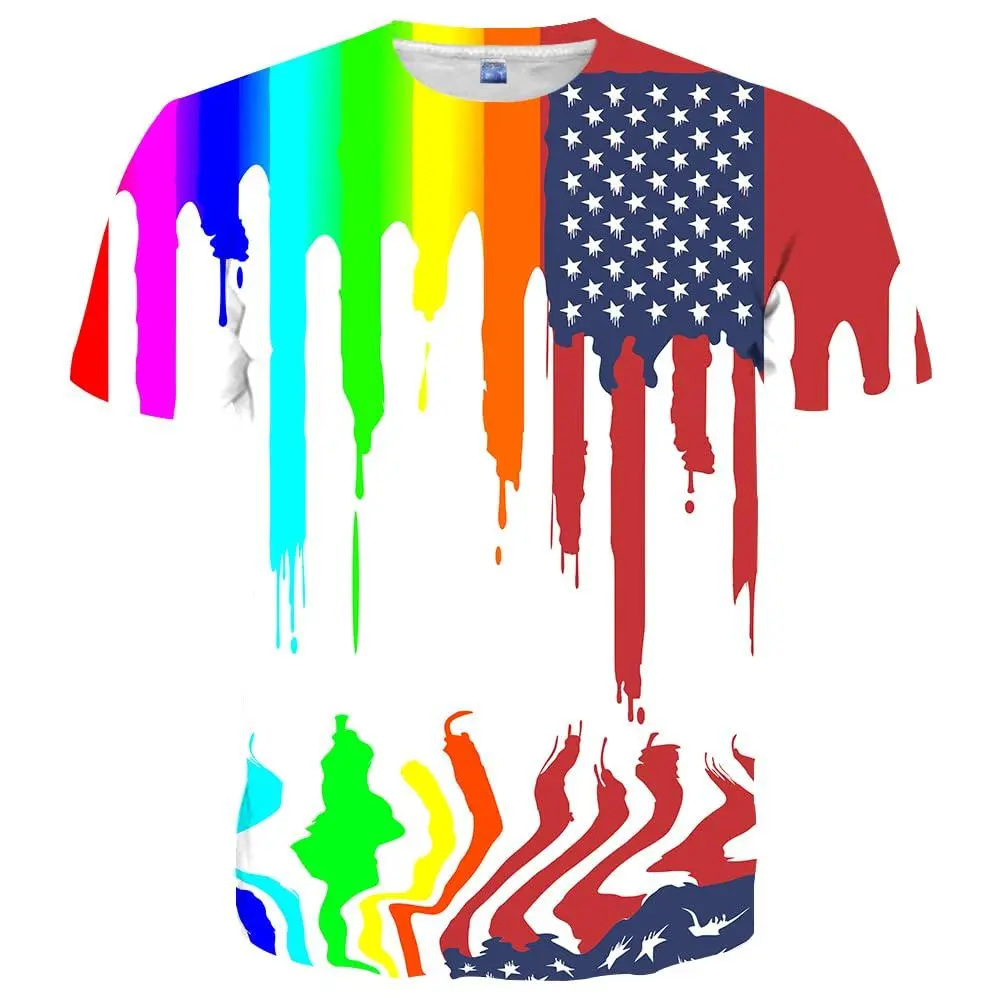 Women's Casual Full Print Crew Neck T-Shirt - Rainbow Paint Drip Flag Graphic, Unisex Streetwear Relaxed Fit Short Sleeve Tee, Breathable Fabric Top, Tshirt, All Over Print, Loose-Fitting, Multicolor, Shortsleeve, Round Neck, Relaxed Cut, S To Xxxl