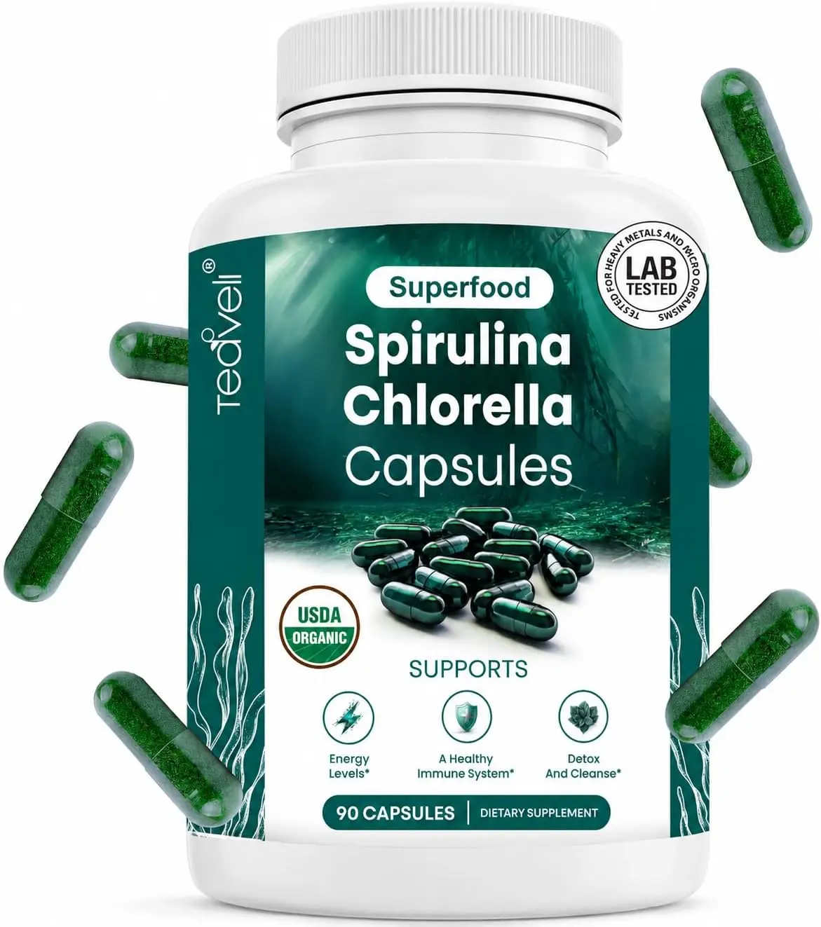 Organic Spirulina & Chlorella Capsules – Chlorophyll & Algae Supplement, 90 Ct