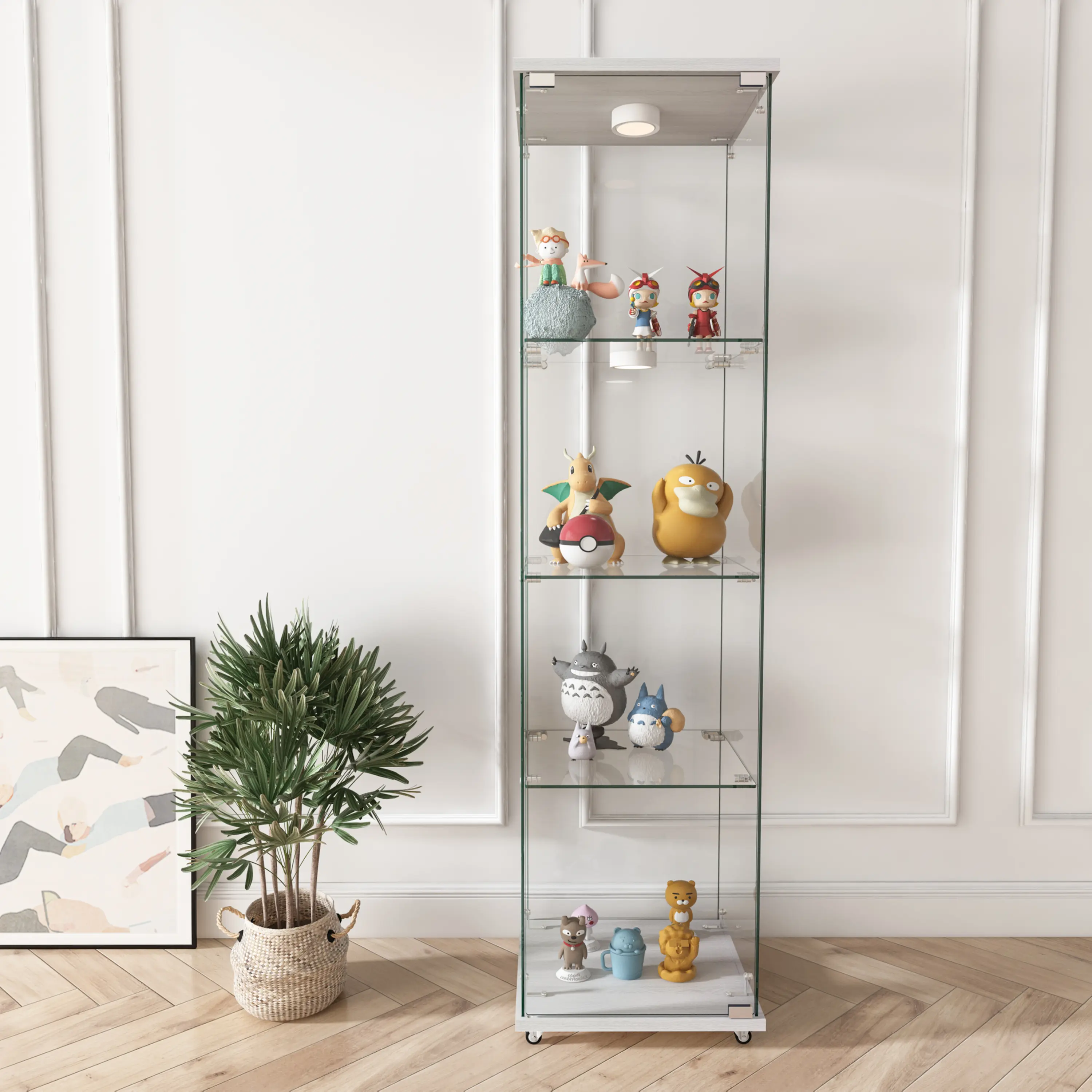 White 1-Door 4-Shelf Modern Transparent Glass Display Cabinet with LED Lights, Remote Control, 45kg/Layer Capacity, Quick-Install Tempered Glass Storage Cabinet, Casters, for Living Room Collectibles (Assembly Required)
