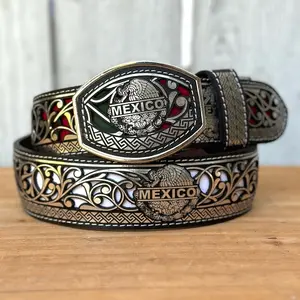 Silver “Mexico” with Green, White and Red Background Leather Belt with Metal Buckle