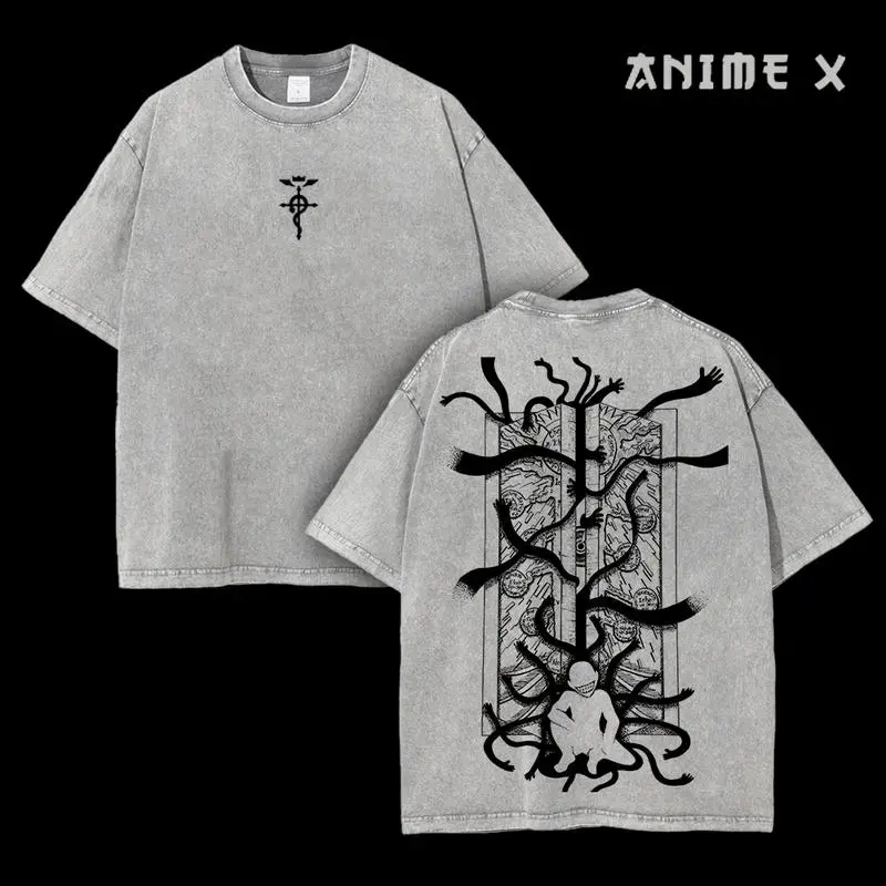Retro Gate of Alchemy Anime Vintage Double Printed Washed T-Shirt Unisex Mineral Anime Manga Washed Heavy Cotton T-shirt, Gift For Anime Fan Lover