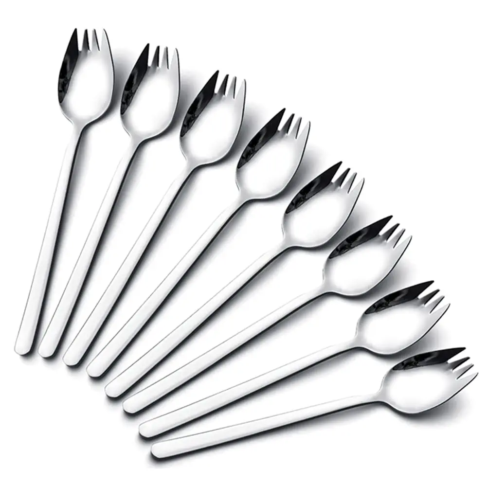 8 Pack Sporks Stainless Steel, Salad Forks, 18/10 Stainless Steel Sporks, 7.4 Inch Long Handle Dessert Spoons, Ice Cream Spoons Fork Reusable Fruit Appetizer Dessert Forks for Household Use