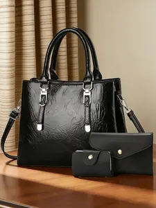 Women's Boston Handbag Set, Premium High-Quality PU Leather, Geometric Pattern, Casual Style, Shoulder Crossbody, Commuter Date Shopping Bag