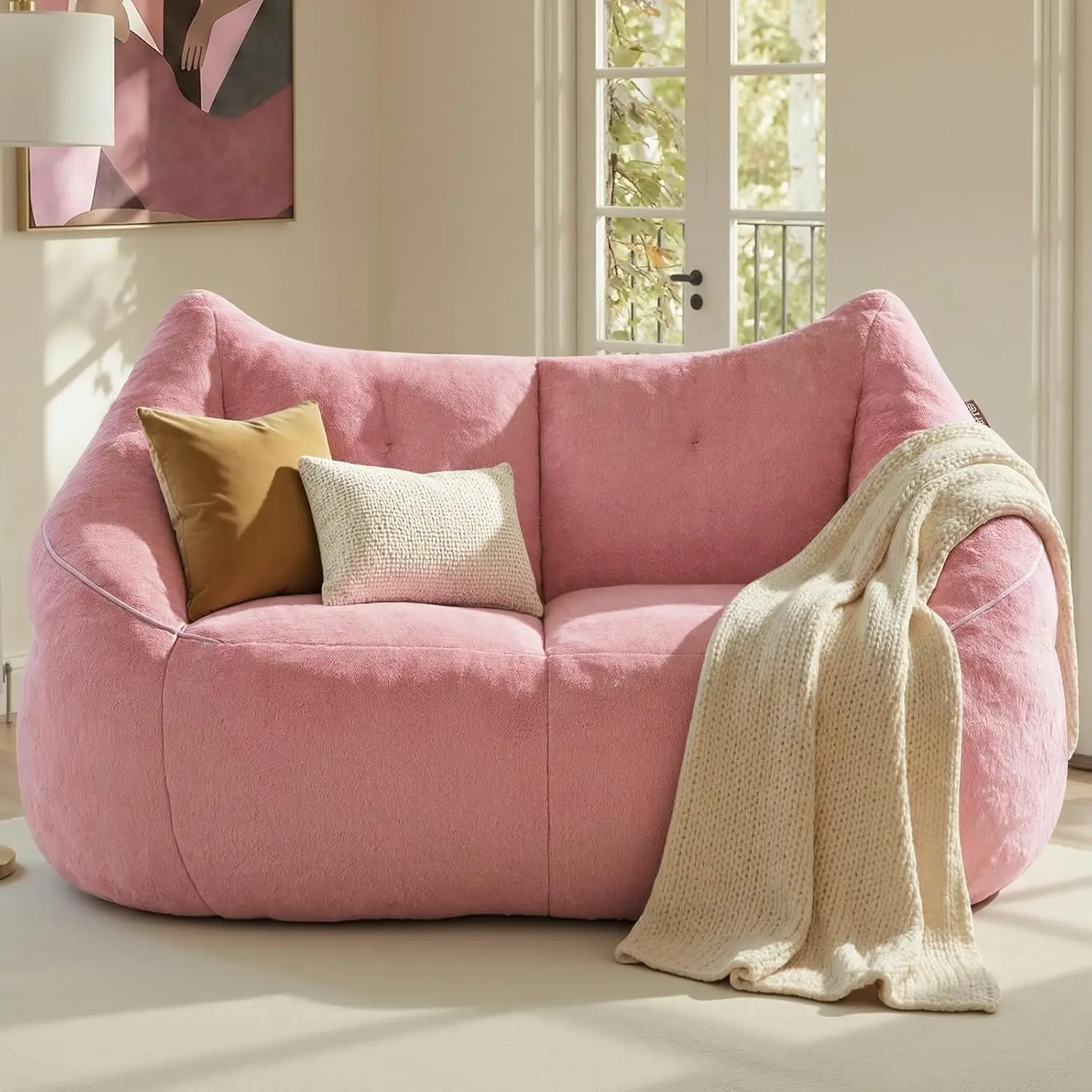ReleFree Oversized Bean Bag Chairs for Adults,Bean Bag Loveseat Sofa,Boneless loveseat for Reading,2 Seater Lazy Sofa for Small Spaces,Mini Small Couches for Living Room,Bedroom,Apartment,Pink Rose