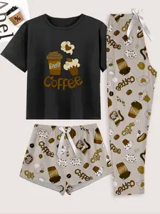 Women's Casual Home Sleepwear Set, Cute Cartoon Coffee Cup Print Short Sleeve Pajamas, Elastic Waist, Random Print, Shorts Pyjama Set