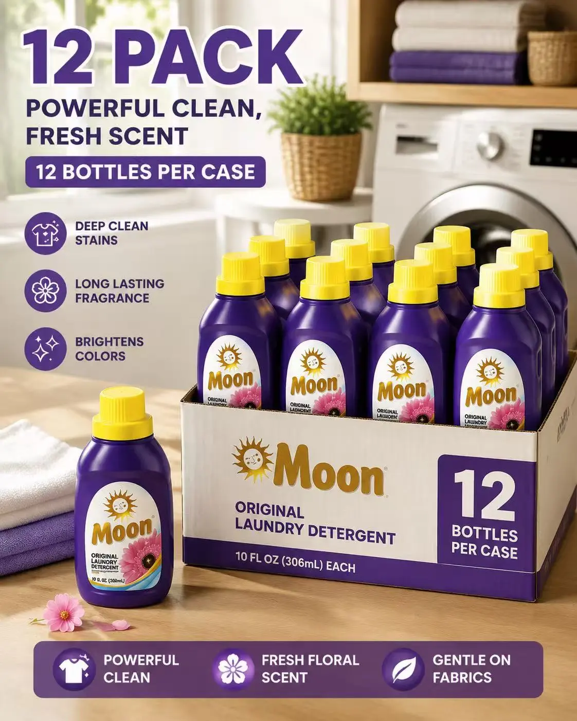 12 Pack Moon Original Mini Laundry Detergent 306ml Concentrated Floral Scent Deep Stain Removal Travel Size Liquid Washing Detergent For Clothes Daily Household Laundry Cleaning Bulk Supplies