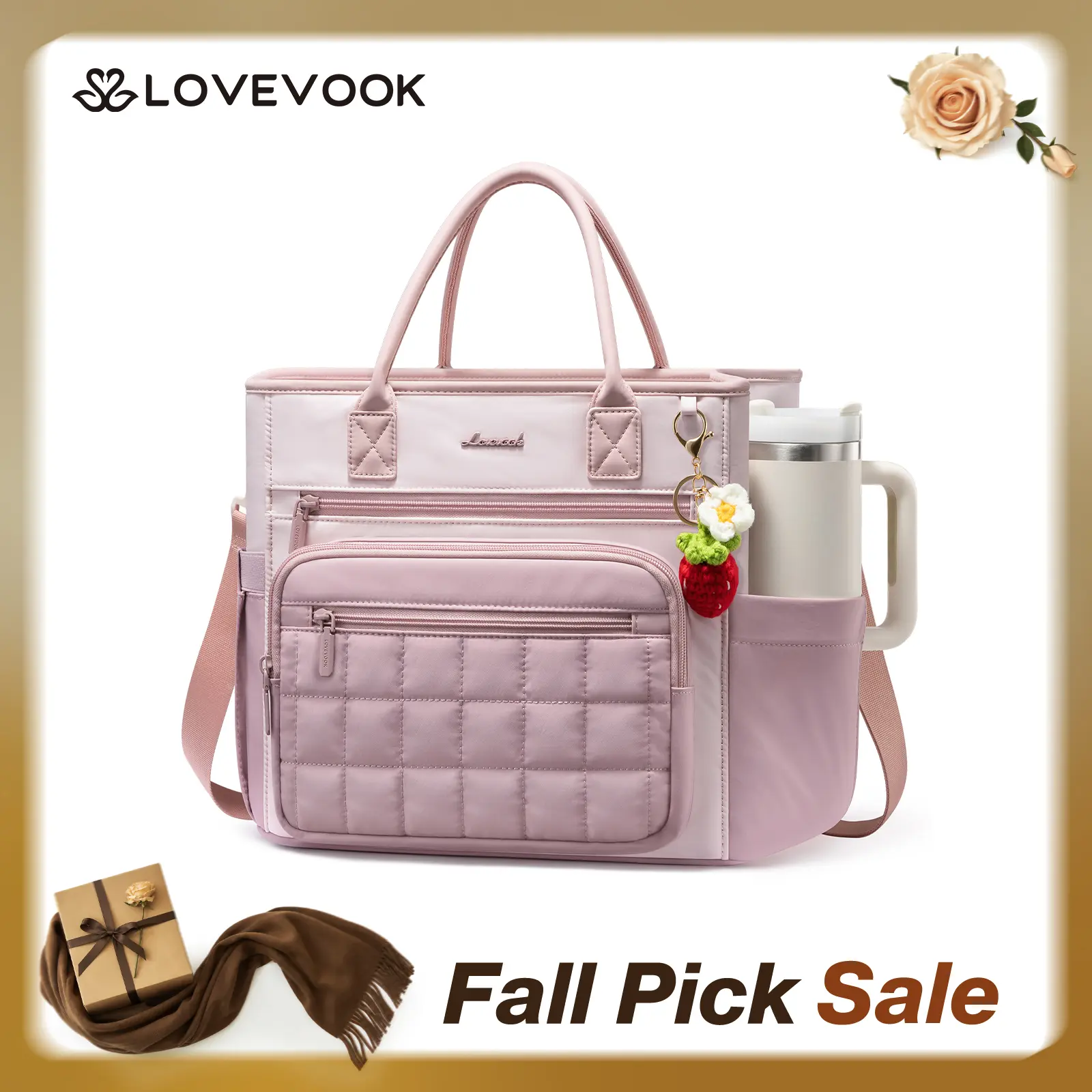 LOVEVOOK Insulated Lunch Bag Women,Puffer Adult Lunch Box Women with Handmade Strawberry Charm,Wide Opening Leakproof Cooler Bag with Cup Holder for Work Picnic,Lunch Box/Bag for Kids Girl Boy School DealsForYouDays