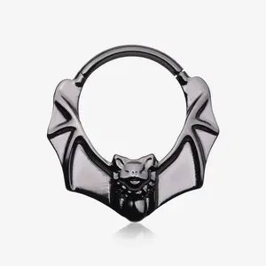 Blackline Flying Night Bat Steel Clicker Hoop Ring 316L Stainless Steel PVD Coated Septum Piercing Jewelry for Ear Cartilage Conch Daith Helix Orbital Pinna Rook Snug Tragus Facial Eyebrow Oral Smiley Nostril Piercings