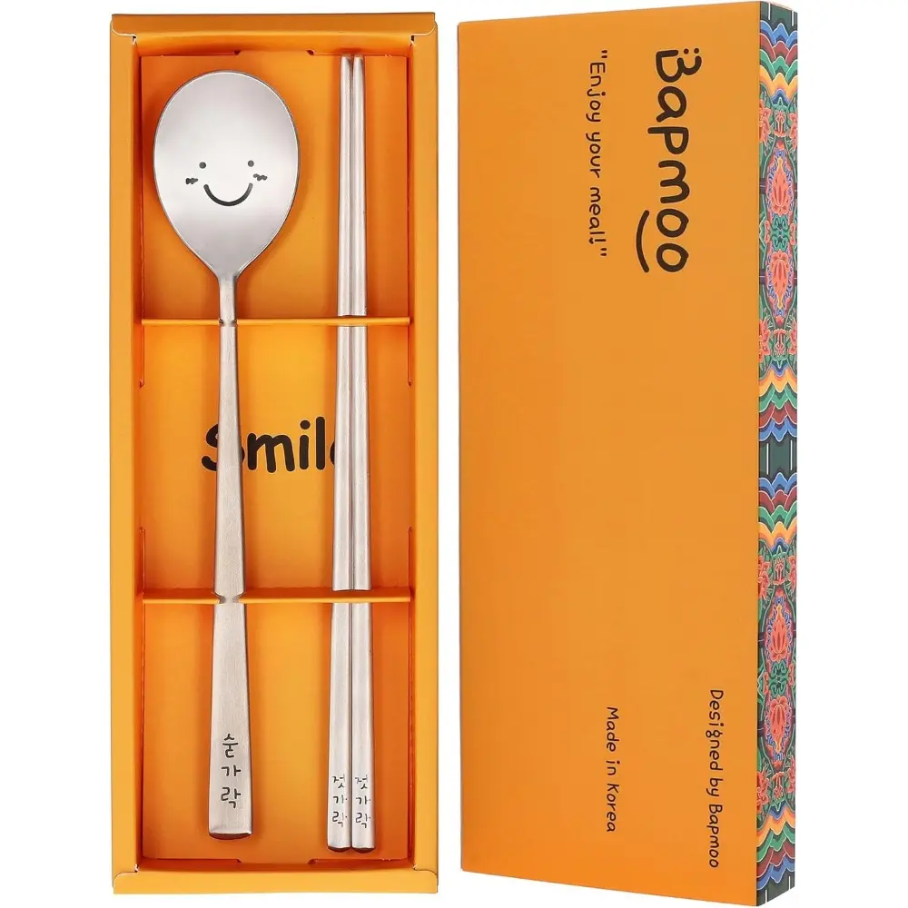 Stainless Steel Korean Cutlery Set - Rust-Resistant, Dishwasher-Safe Dinner Sets with Reusable Long-Handle Flat Chopsticks, Engraved Happy Face & Hangul Character Cooking Spoons, Silver Cultural Gift
