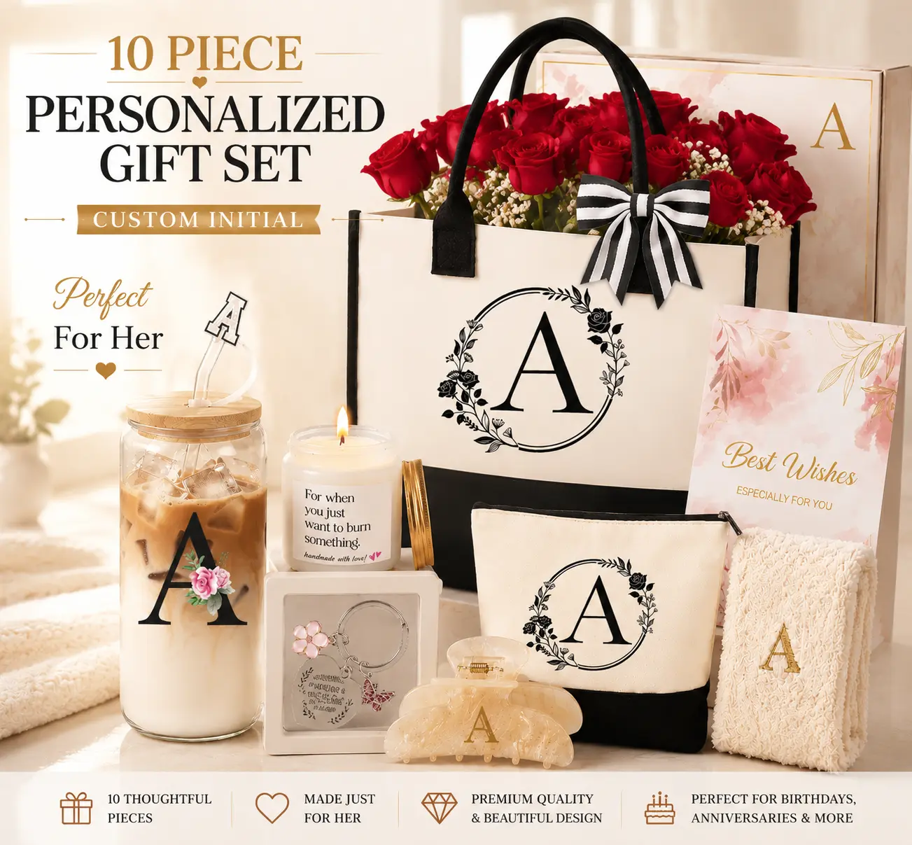 Personalized 10PCS Birthday Gift Set Canvas Tote Makeup Bag Glass Tumbler Hair Clip Candle Holder Basket Unique Present for Mom Wife Bestie Teacher Woman Her