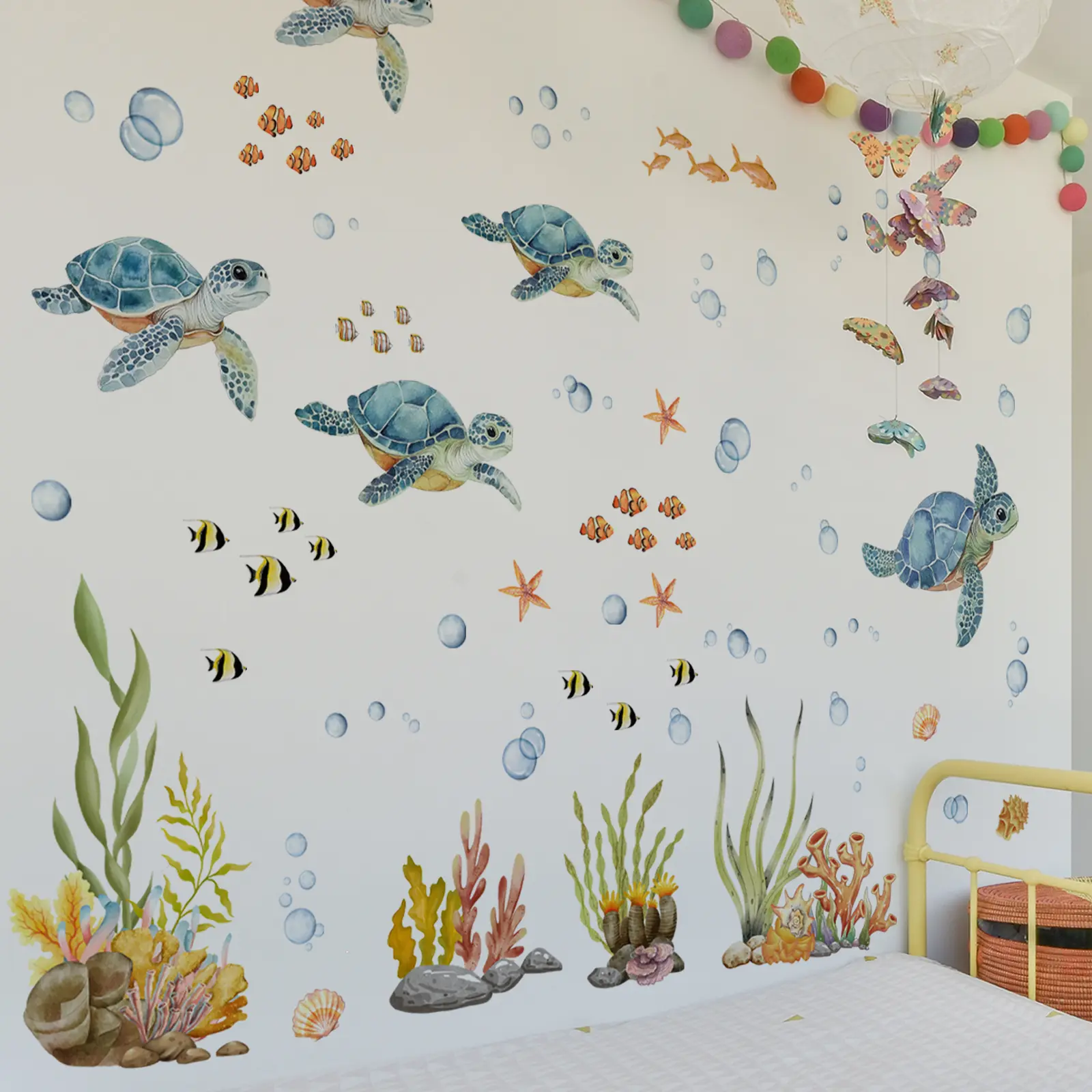 A set (30*90cm*2pcs) of large-sized marine life wall stickers for bedroom, living room, and bathroom background walls. Wall sticker for beautification and decoration. M16616 Decorative Sticker Ocean Stickers Wall Decorations