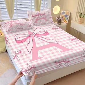 Pink Gingham Bow Letter A-Z Fitted Sheet Set, No Fillers Bed Sheet Set, Cute Coquette Aesthetic Gingham Pattern Bedding Set, Soft Deep Pocket, For Girls Bedroom, Dorm Room, 3 Pieces (1 Fitted Sheet + 2 Pillowcases)