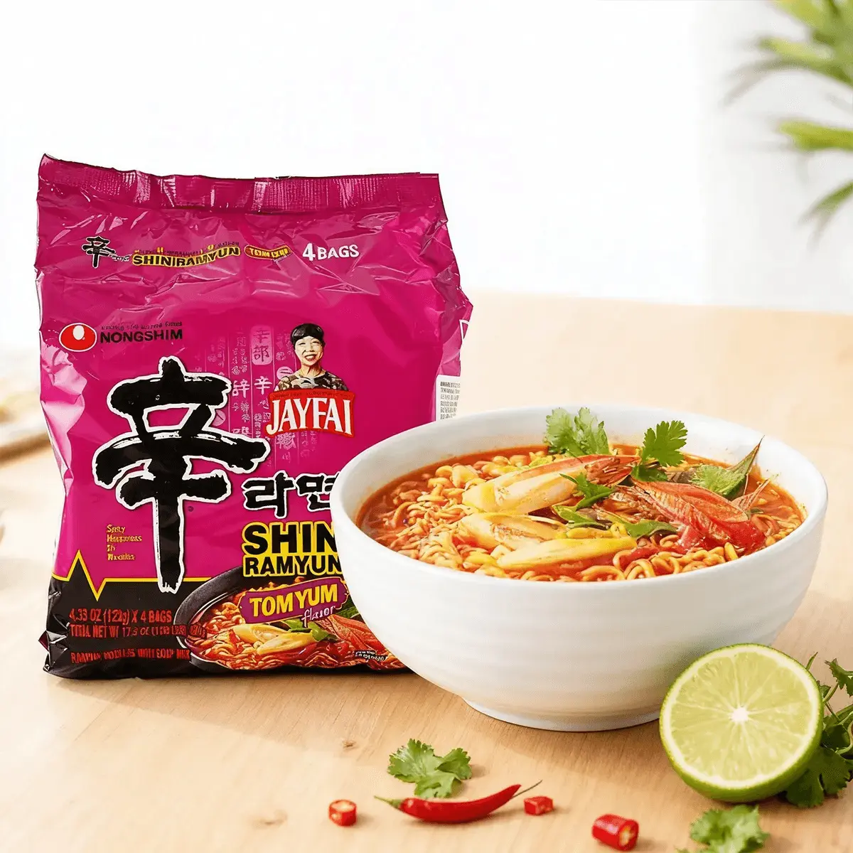 NONGSHIM Shin Ramyun Tom Yum 4.33 oz x 4 Pack - Korean Noodle, Limited Edition Thai Collaboration, Spicy Instant Ramen