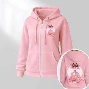 Women's Pink Cartoon Print Hoodie And Drawstring Track Pants Set, Casual Sportswear, Long-Sleeved Hooded Jacket And Pants, Suitable For Autumn And Winter, Everyday Wear, Indoor And Outdoor Sportswear, Casual Sportswear.