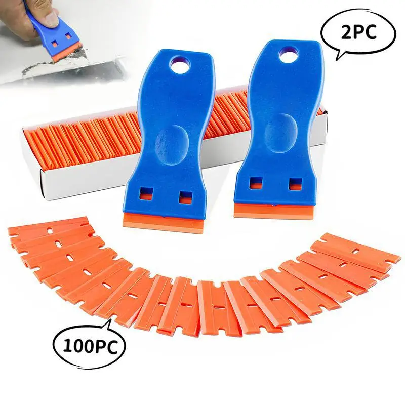Durable Razor-Like Cleaning Tools Standard Set (100+2 Pcs) - 2 Scrapers, 100 Extra Plastic Scraper Blades, Label Lift Tool, Sticker Peel Aid for Caulk, Adhesive, Paint, Cooktop for DIY Users, Home Use